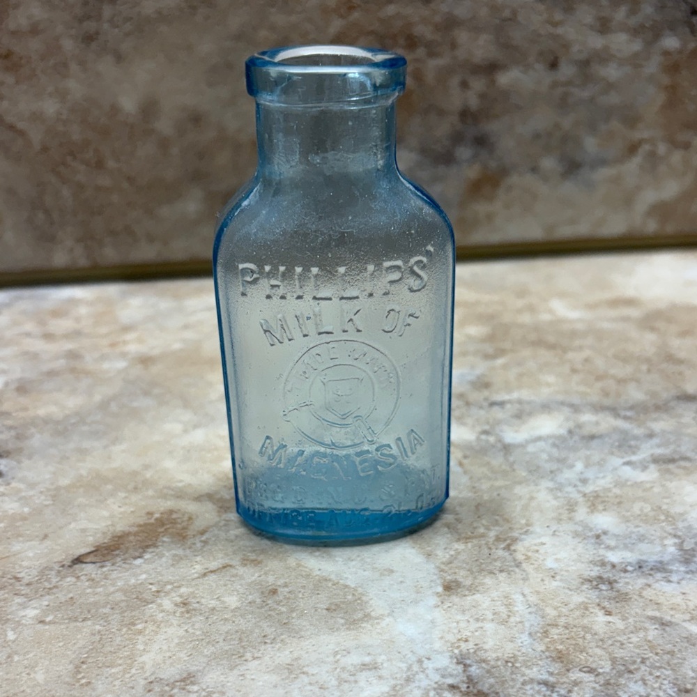 Antique Phillips Milk of Magnesia Embossed Ice Blue Glass Bottle Aug 21, 1906